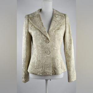ANN TAYLOR: CREAM AND BEIGE WOVEN PRINT SHORT JACKET, BUTTON FRONT, FORM FIT